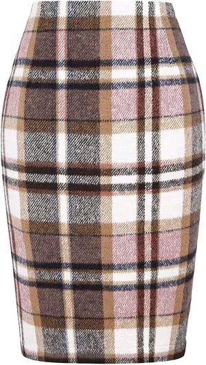 Pencil Skirt for Women Tummy Control with Slit Back Zipper Business Slim Trendy Plaid Stretchy Short Pencil Midi Skirt