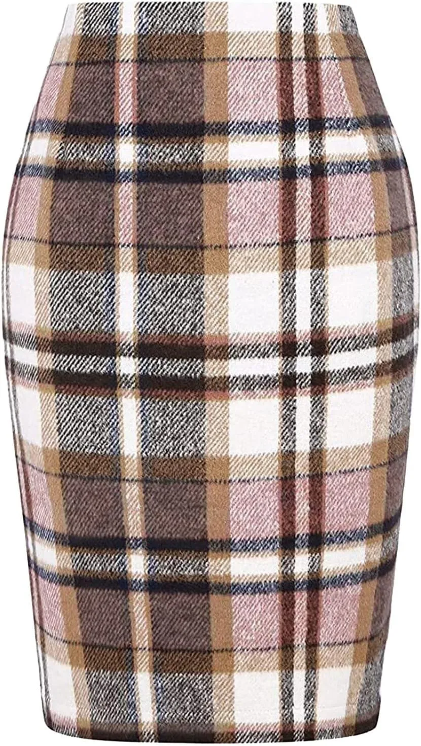 Pencil Skirt for Women Tummy Control with Slit Back Zipper Business Slim Trendy Plaid Stretchy Short Pencil Midi Skirt