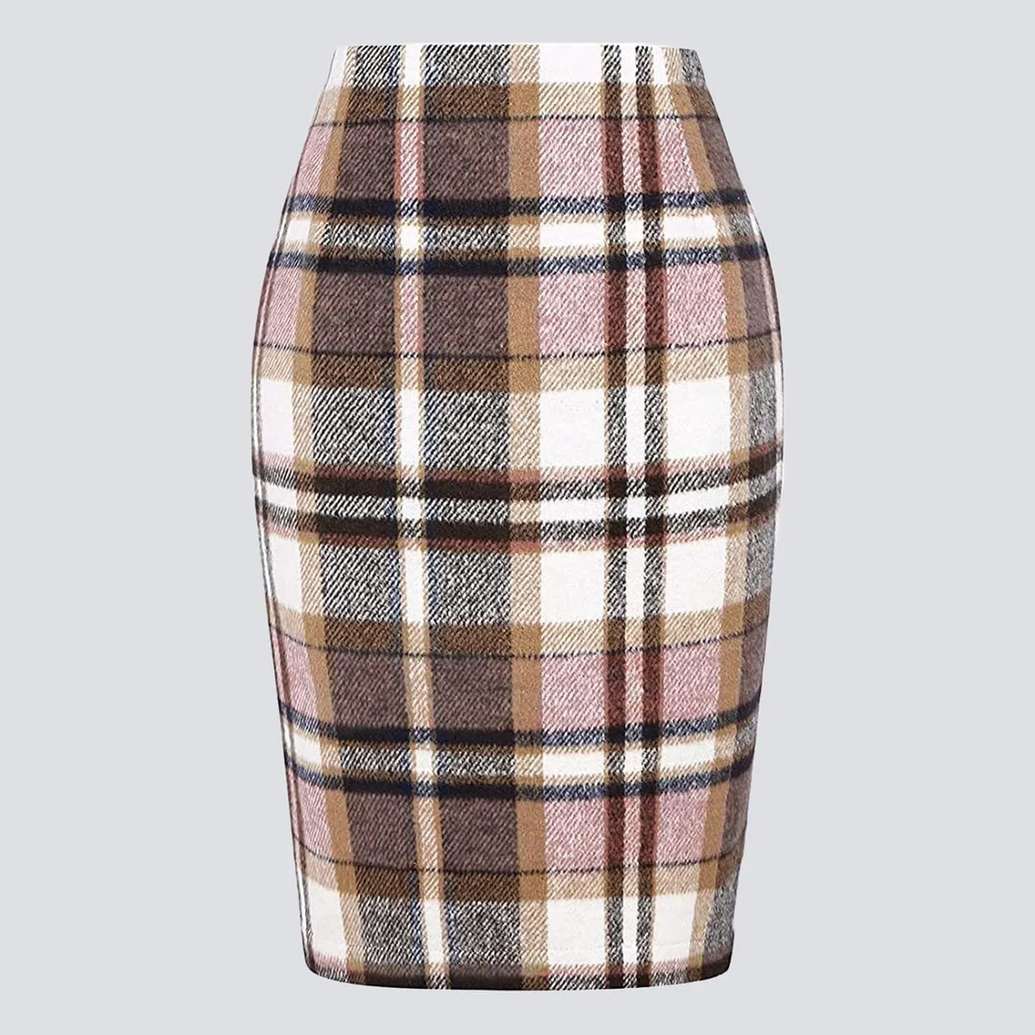 Pencil Skirt for Women Tummy Control with Slit Back Zipper Business Slim Trendy Plaid Stretchy Short Pencil Midi Skirt