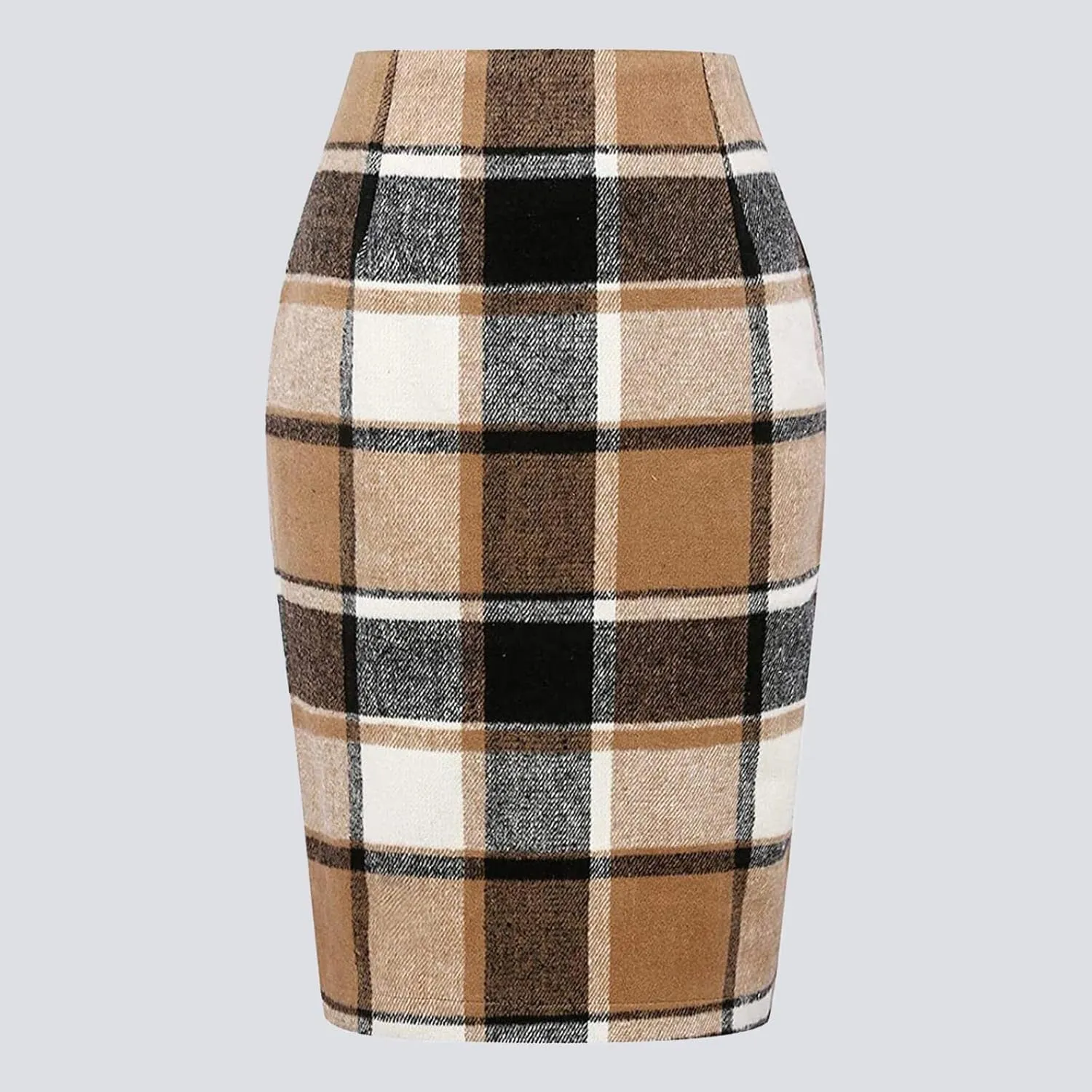 Pencil Skirt for Women Tummy Control with Slit Back Zipper Business Slim Trendy Plaid Stretchy Short Pencil Midi Skirt