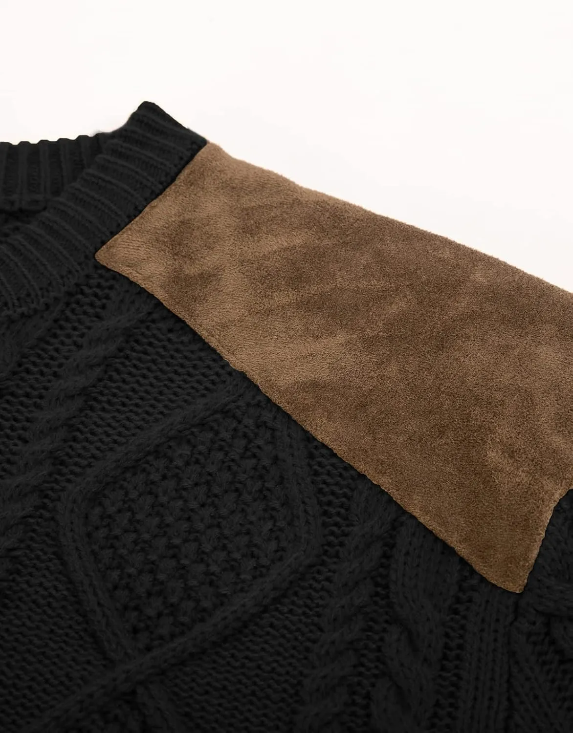 PJ PAUL JONES Men's Military Pullover Sweater Crewneck Vintage Cable Knit Sweater with Suede Patchwork