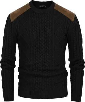 PJ PAUL JONES Men's Military Pullover Sweater Crewneck Vintage Cable Knit Sweater with Suede Patchwork