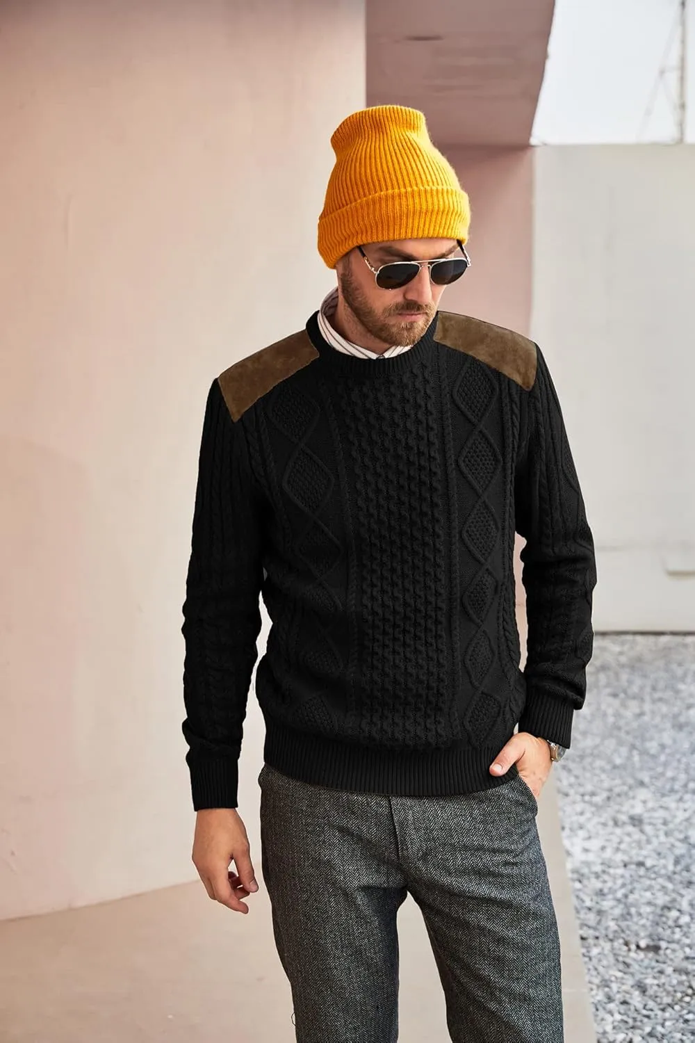 PJ PAUL JONES Men's Military Pullover Sweater Crewneck Vintage Cable Knit Sweater with Suede Patchwork