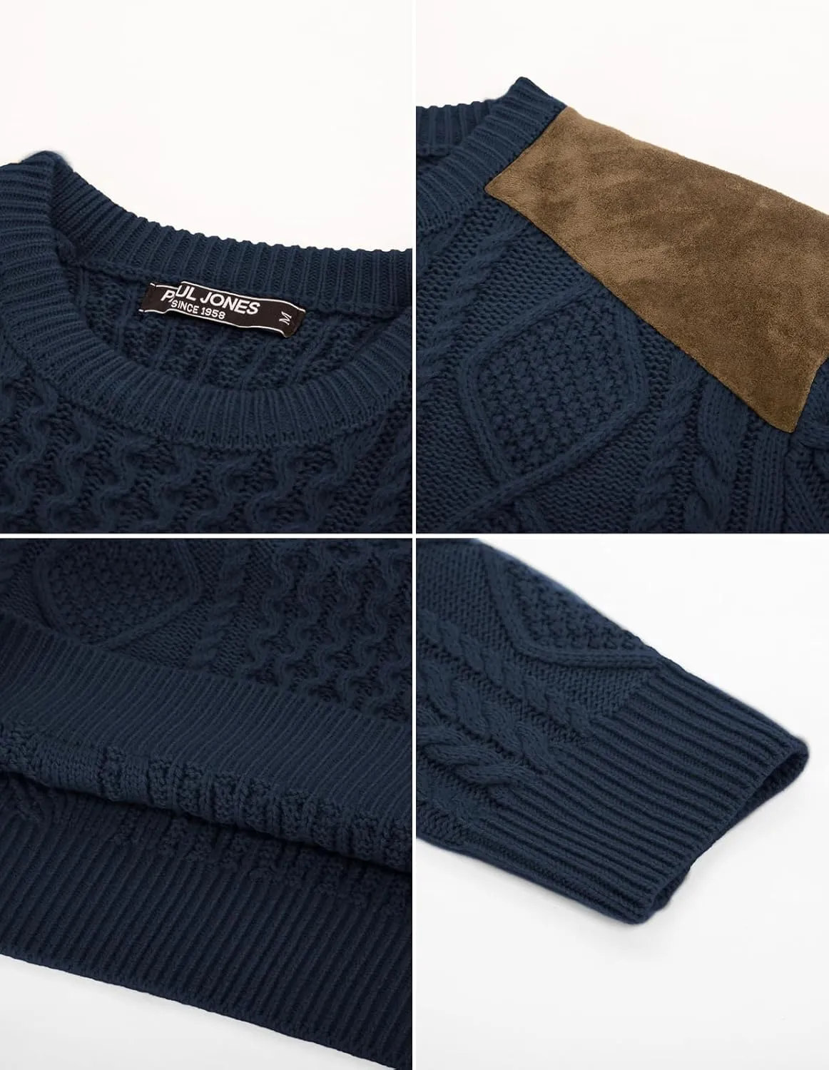 PJ PAUL JONES Men's Military Pullover Sweater Crewneck Vintage Cable Knit Sweater with Suede Patchwork