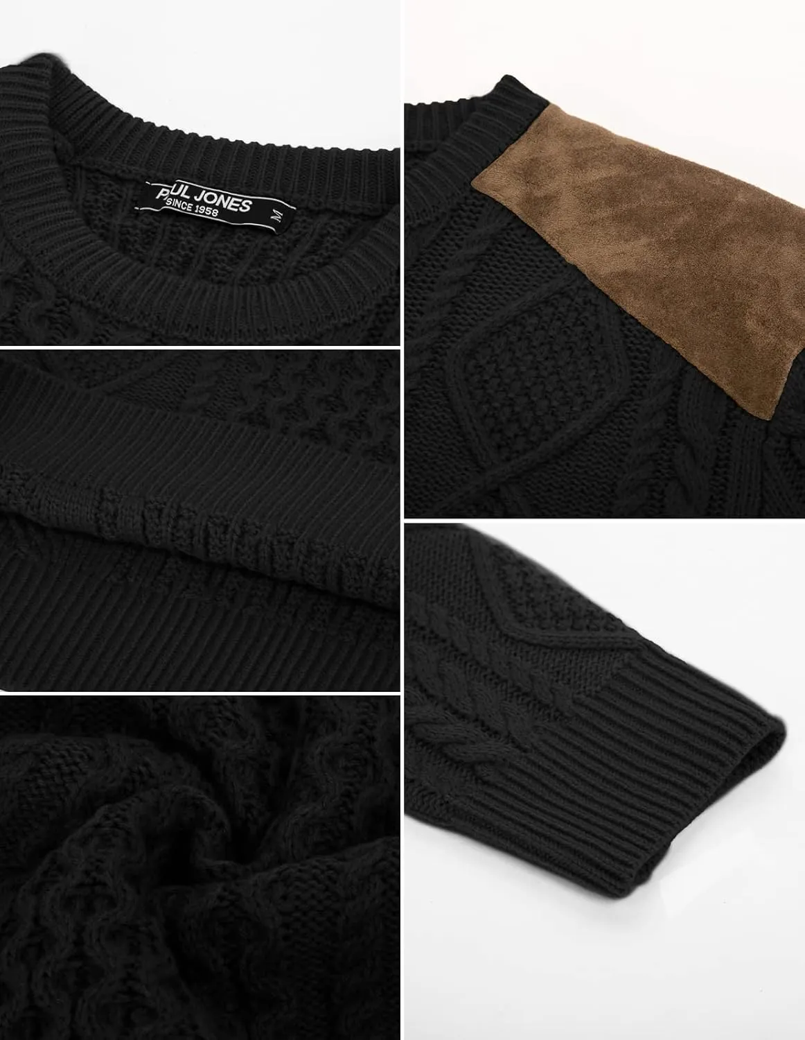 PJ PAUL JONES Men's Military Pullover Sweater Crewneck Vintage Cable Knit Sweater with Suede Patchwork