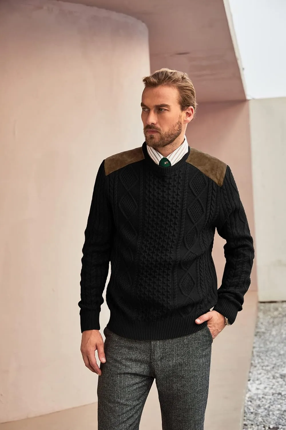 PJ PAUL JONES Men's Military Pullover Sweater Crewneck Vintage Cable Knit Sweater with Suede Patchwork