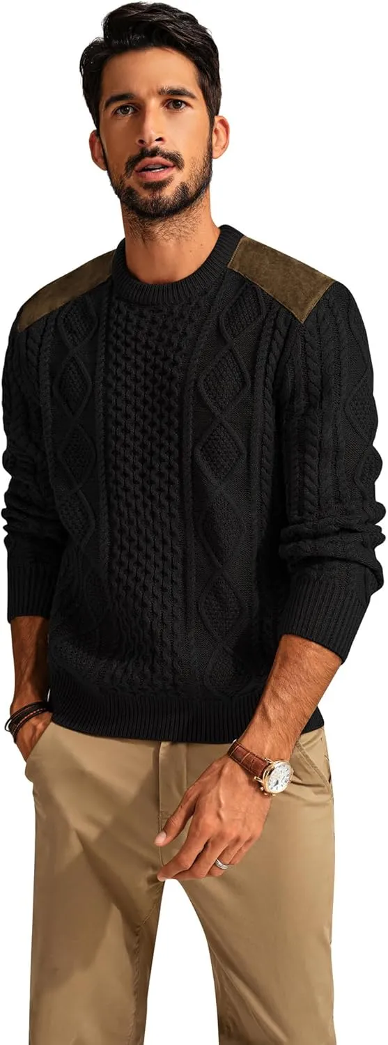 PJ PAUL JONES Men's Military Pullover Sweater Crewneck Vintage Cable Knit Sweater with Suede Patchwork