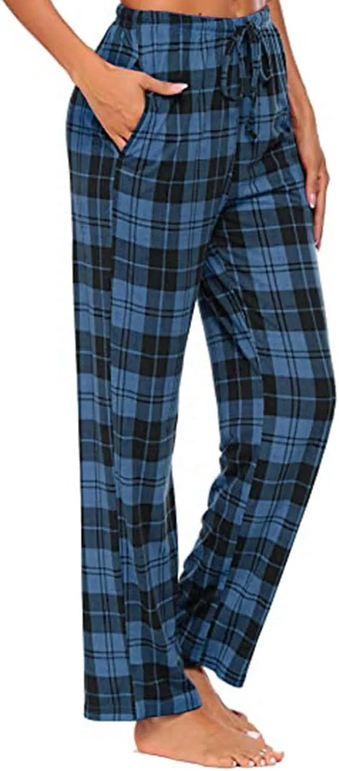 Plaid Pajama Pants Women Comfy Casual Sleep Pants Elastic Waist Long Trousers Lounge Loose Sleepwear with Pockets