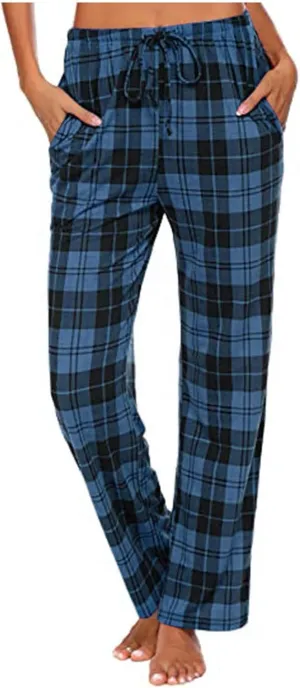 Plaid Pajama Pants Women Comfy Casual Sleep Pants Elastic Waist Long Trousers Lounge Loose Sleepwear with Pockets