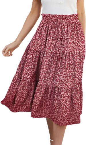 Pleated Skirts for Women Summer Vacation Casual High Elastic Waist Trendy Ruffles Tummy Control A-Line Flowy Midi Skirts