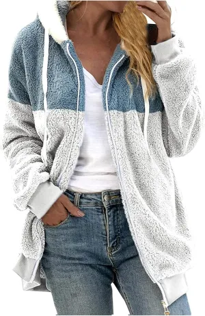 Plus Size Fleece Winter Jacket for Women 2023,Women's Fashion Loose Plush Multicolor Paneled Hooded Zip Warm Sherpa Coats