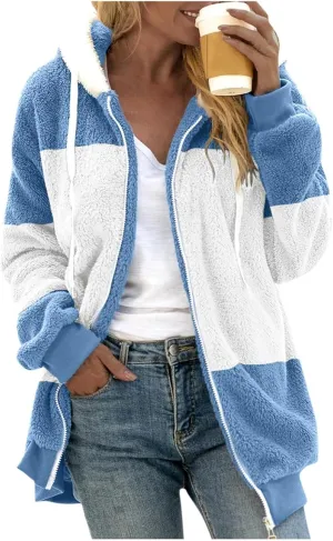 Plus Size Fleece Winter Jacket for Women 2023,Women's Fashion Loose Plush Multicolor Paneled Hooded Zip Warm Sherpa Coats