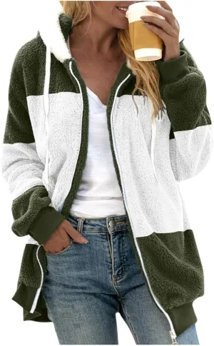 Plus Size Fleece Winter Jacket for Women 2023,Women's Fashion Loose Plush Multicolor Paneled Hooded Zip Warm Sherpa Coats
