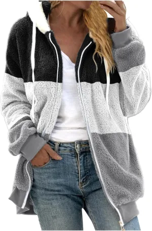 Plus Size Fleece Winter Jacket for Women 2023,Women's Fashion Loose Plush Multicolor Paneled Hooded Zip Warm Sherpa Coats