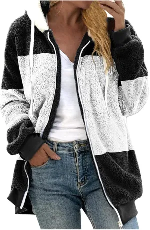 Plus Size Fleece Winter Jacket for Women 2023,Women's Fashion Loose Plush Multicolor Paneled Hooded Zip Warm Sherpa Coats