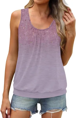 Plus Size Tank Tops for Women Summer Sleeveless Hawaiian Outfit Ruffle Vintage Print U Neck Workout Shirts