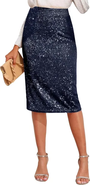 PrettyGuide Women's Sparkly Sequin Skirt High Waist Bodycon Glitter Cocktail Party Midi Skirts with Slit Back