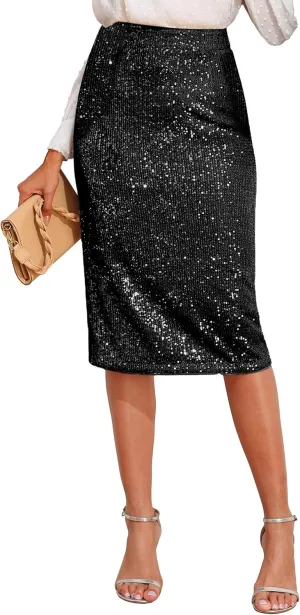PrettyGuide Women's Sparkly Sequin Skirt High Waist Bodycon Glitter Cocktail Party Midi Skirts with Slit Back