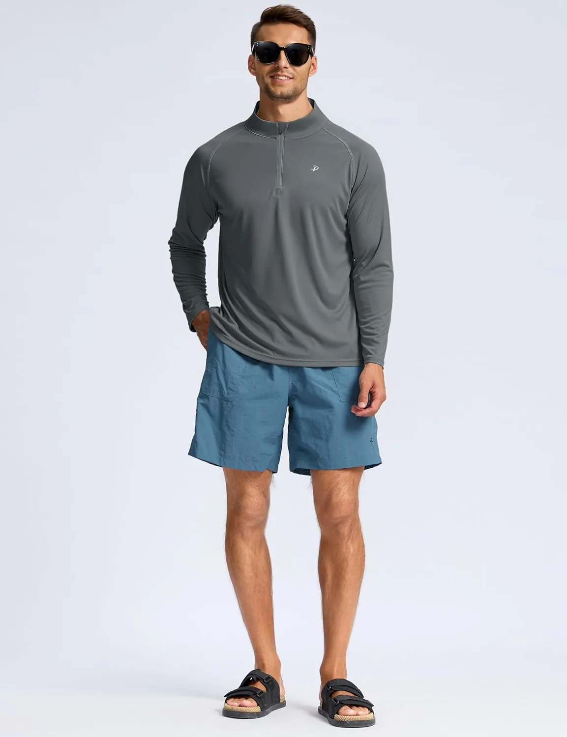 Pudolla Men's 1/4 Zip Sun Protection Shirts UV SPF UPF 50  Long Sleeve Rash Guard Fishing Running Hiking Athletic Tee Shirts