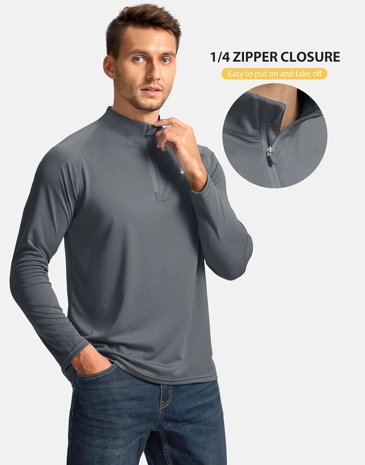 Pudolla Men's 1/4 Zip Sun Protection Shirts UV SPF UPF 50  Long Sleeve Rash Guard Fishing Running Hiking Athletic Tee Shirts