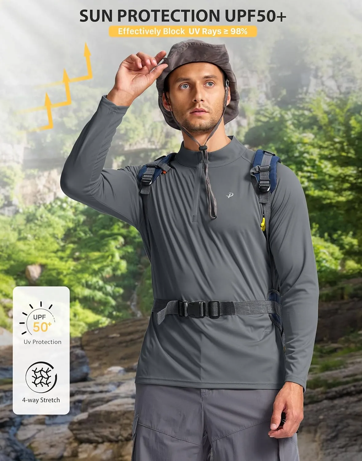 Pudolla Men's 1/4 Zip Sun Protection Shirts UV SPF UPF 50  Long Sleeve Rash Guard Fishing Running Hiking Athletic Tee Shirts