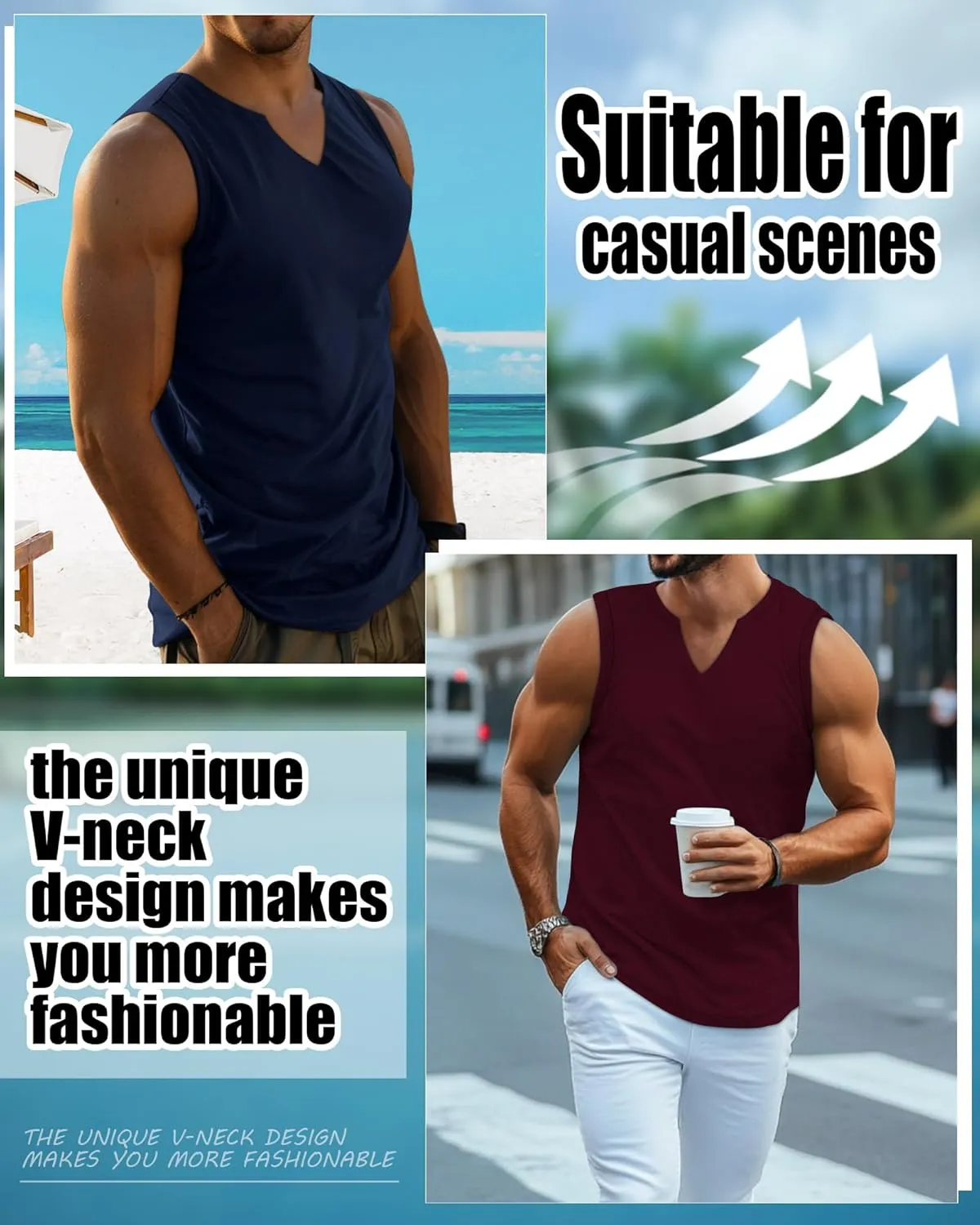Riyiper 3 Pack Men's Sleeveless Tank Tops, V Neck Longline Henley T Shirts Casual Cotton Muscle Shirts Stretch Athletic Tee