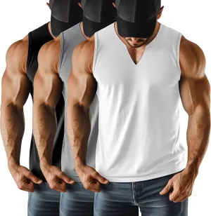 Riyiper 3 Pack Men's Sleeveless Tank Tops, V Neck Longline Henley T Shirts Casual Cotton Muscle Shirts Stretch Athletic Tee