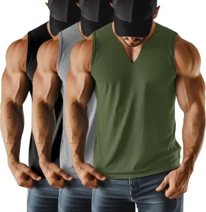 Riyiper 3 Pack Men's Sleeveless Tank Tops, V Neck Longline Henley T Shirts Casual Cotton Muscle Shirts Stretch Athletic Tee