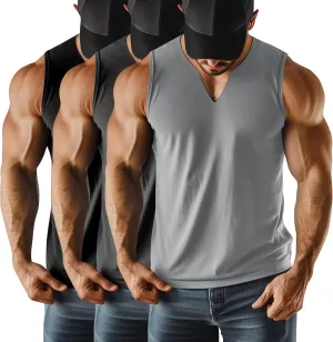 Riyiper 3 Pack Men's Sleeveless Tank Tops, V Neck Longline Henley T Shirts Casual Cotton Muscle Shirts Stretch Athletic Tee