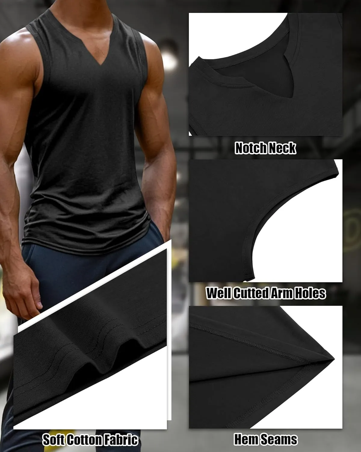 Riyiper 3 Pack Men's Sleeveless Tank Tops, V Neck Longline Henley T Shirts Casual Cotton Muscle Shirts Stretch Athletic Tee