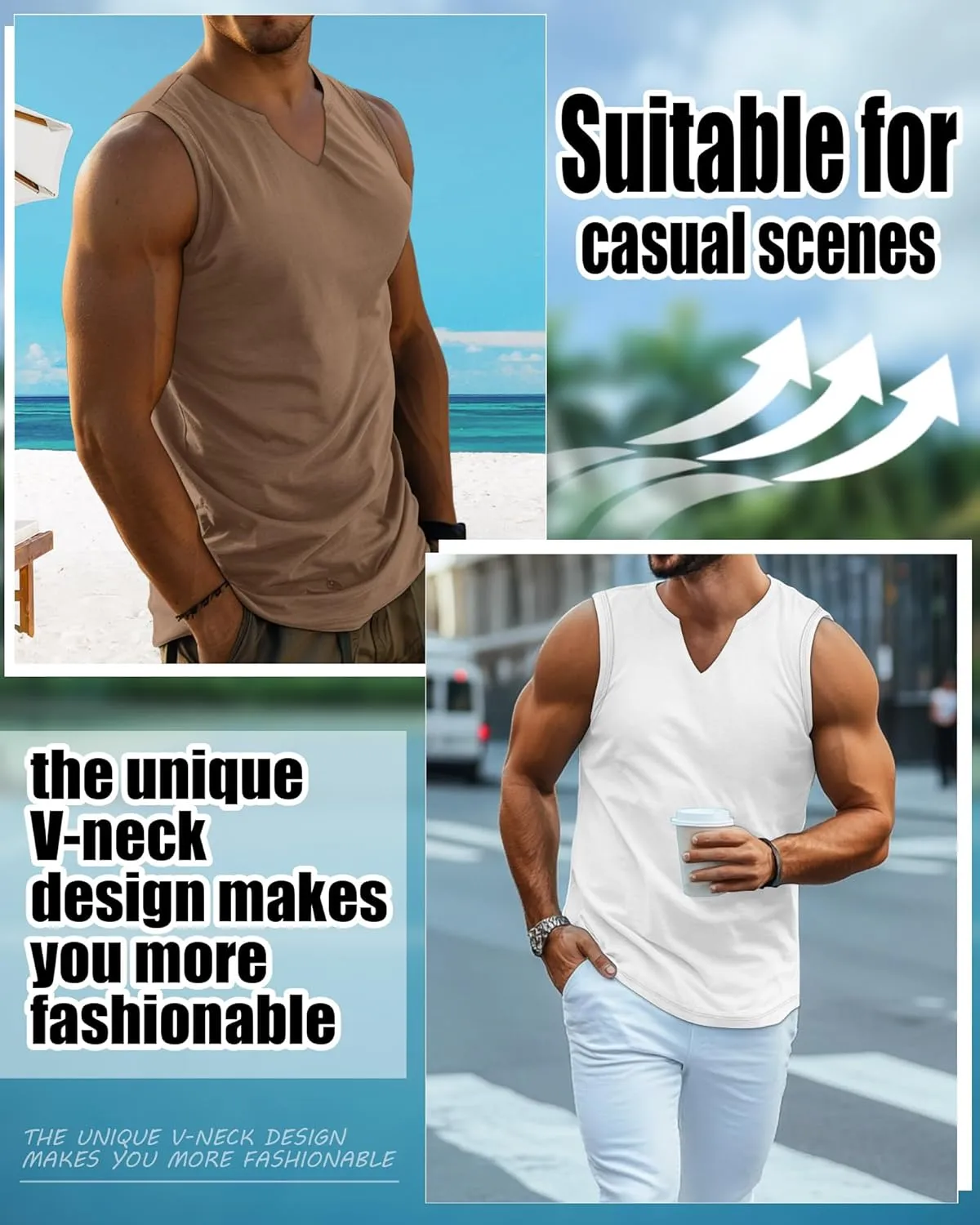 Riyiper 3 Pack Men's Sleeveless Tank Tops, V Neck Longline Henley T Shirts Casual Cotton Muscle Shirts Stretch Athletic Tee