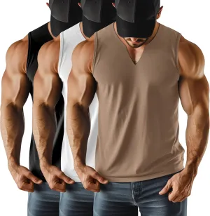 Riyiper 3 Pack Men's Sleeveless Tank Tops, V Neck Longline Henley T Shirts Casual Cotton Muscle Shirts Stretch Athletic Tee