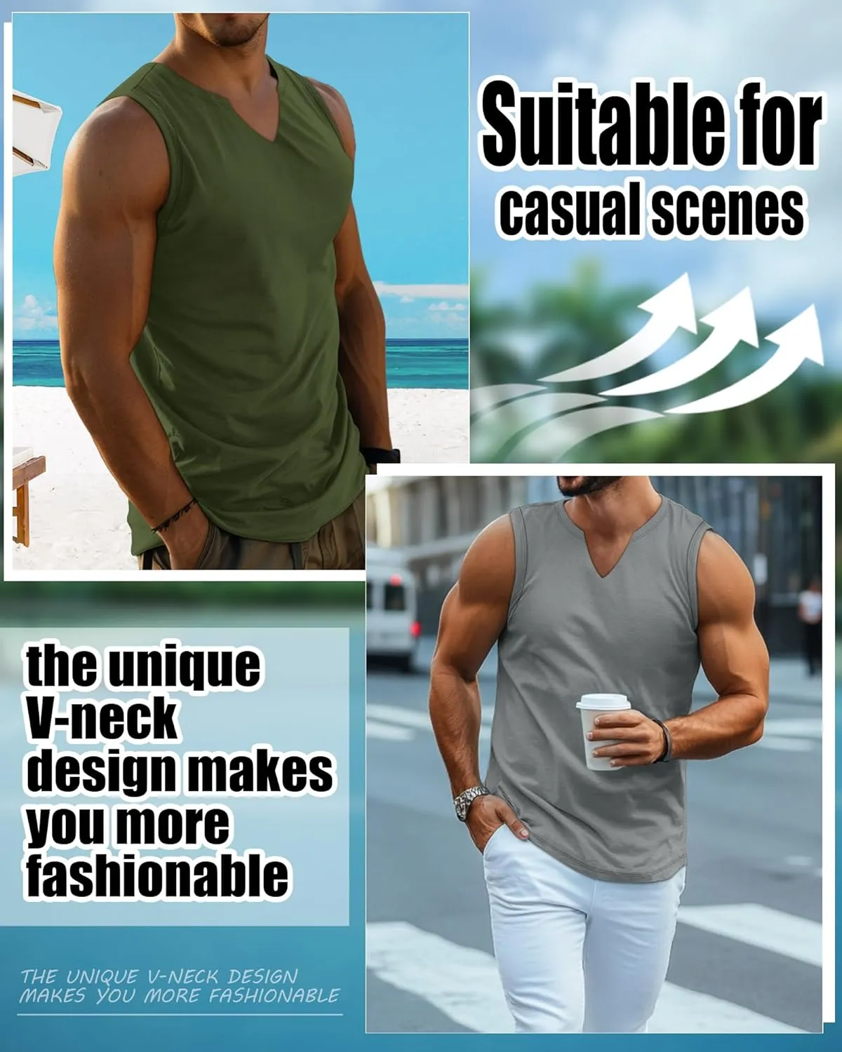 Riyiper 3 Pack Men's Sleeveless Tank Tops, V Neck Longline Henley T Shirts Casual Cotton Muscle Shirts Stretch Athletic Tee