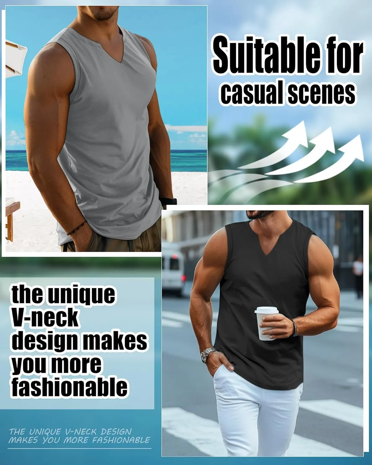 Riyiper 3 Pack Men's Sleeveless Tank Tops, V Neck Longline Henley T Shirts Casual Cotton Muscle Shirts Stretch Athletic Tee