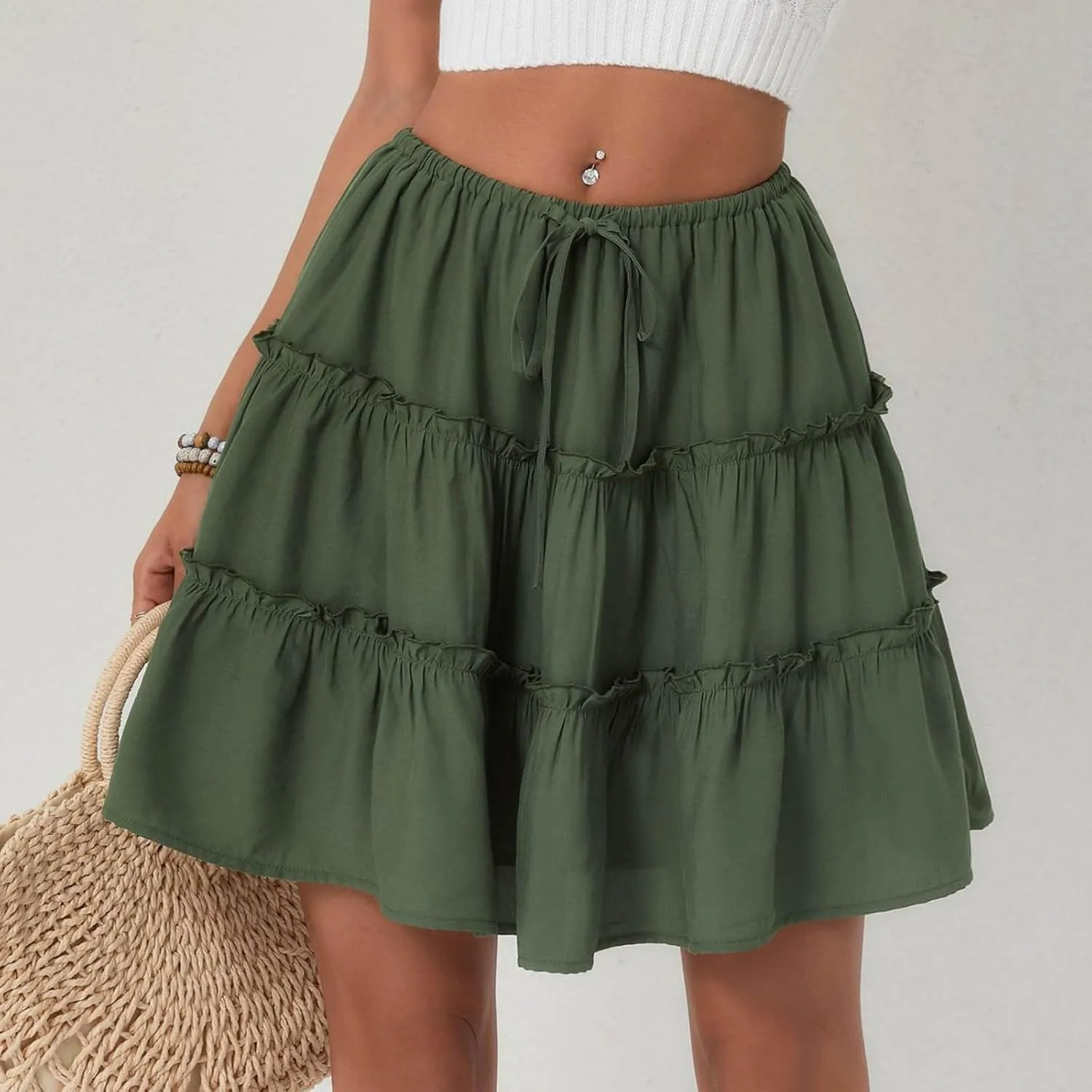Ruffle High Waist Mini Skirt for Women Stretchy Lightweight Layered Solid Short Skirts Swing Casual Beach Shorts