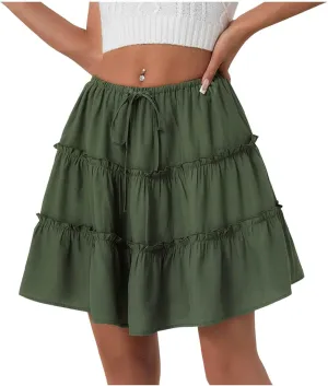 Ruffle High Waist Mini Skirt for Women Stretchy Lightweight Layered Solid Short Skirts Swing Casual Beach Shorts