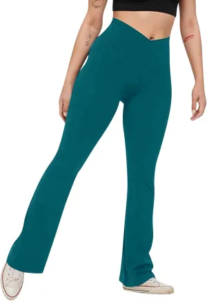 sdbrld Leggings for Women,Women's Flared Yoga Pants Solid Workout Bootleg Yoga Pants Crossover High Waist Bootcut Leggings