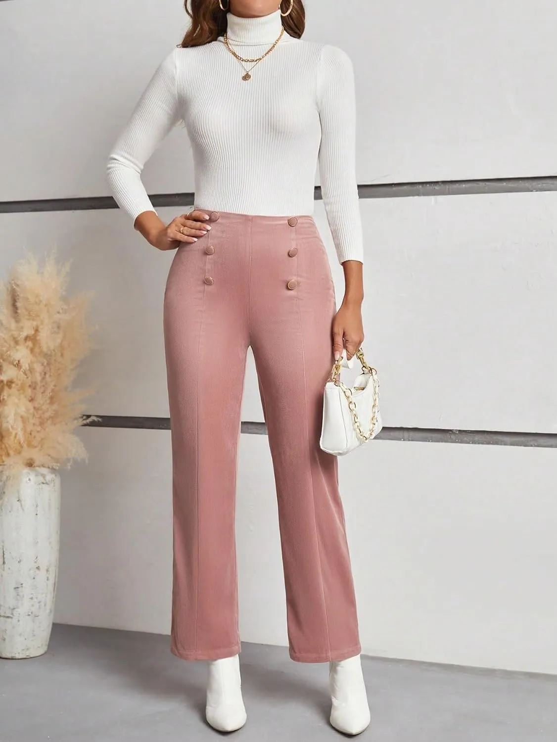 SECOLI Women's Straight Wide Leg Trousers Pants Dusty Pink Elegant Double-Breasted Button Flared Pants