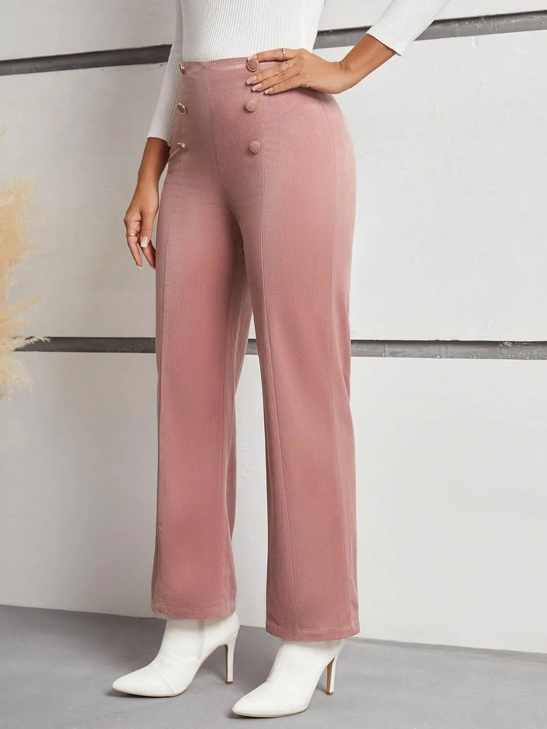 SECOLI Women's Straight Wide Leg Trousers Pants Dusty Pink Elegant Double-Breasted Button Flared Pants
