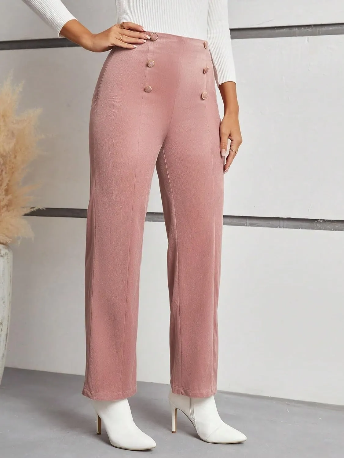 SECOLI Women's Straight Wide Leg Trousers Pants Dusty Pink Elegant Double-Breasted Button Flared Pants