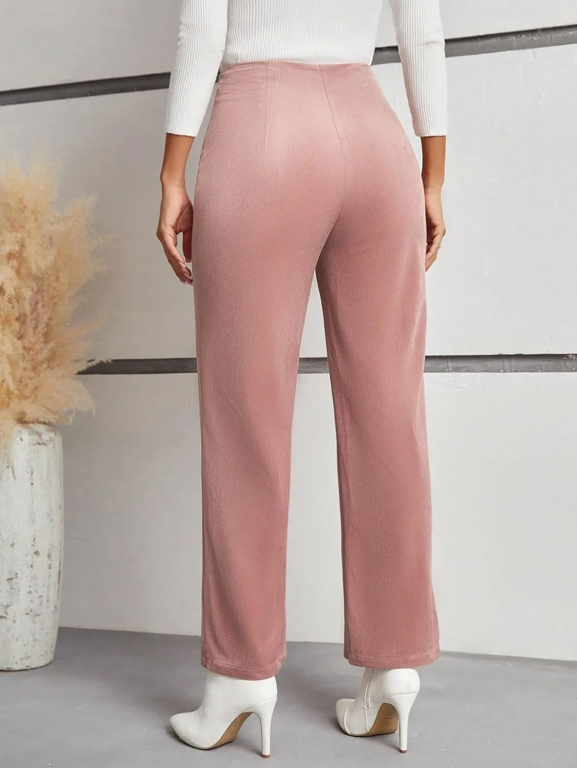 SECOLI Women's Straight Wide Leg Trousers Pants Dusty Pink Elegant Double-Breasted Button Flared Pants