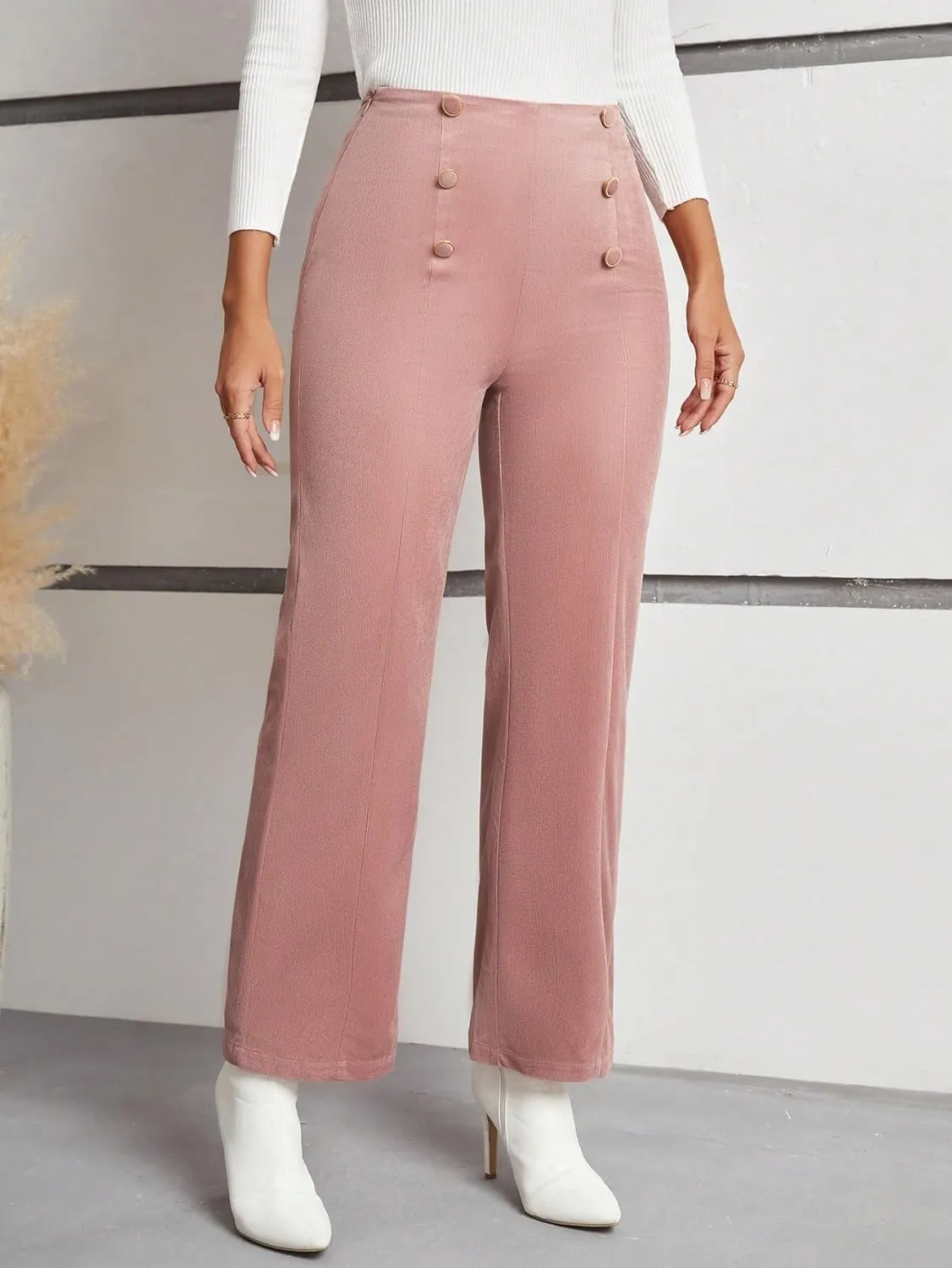 SECOLI Women's Straight Wide Leg Trousers Pants Dusty Pink Elegant Double-Breasted Button Flared Pants