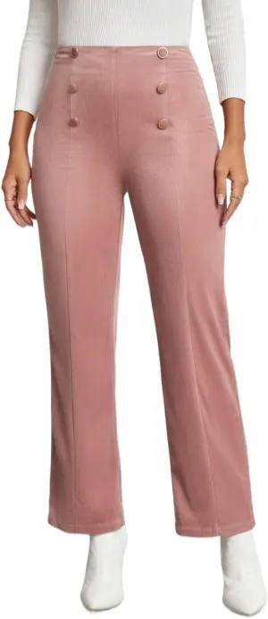 SECOLI Women's Straight Wide Leg Trousers Pants Dusty Pink Elegant Double-Breasted Button Flared Pants