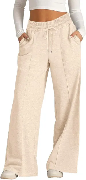 SHAOBGE Oversized Wide Leg Sweatpants Women Elastic Drawstring Straight Leg Sweatpants Low Waisted Baggy Lounge Pants Pocket