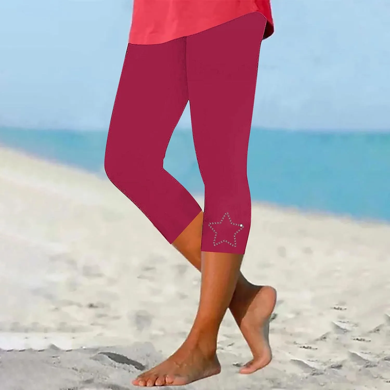 Shiny Rhinestone Stars Capri Leggings Women Summer Casual Vacation Cropped Pant Elastic High Waist Slim Yoga Pants