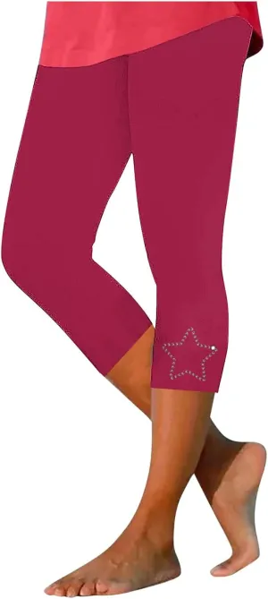 Shiny Rhinestone Stars Capri Leggings Women Summer Casual Vacation Cropped Pant Elastic High Waist Slim Yoga Pants