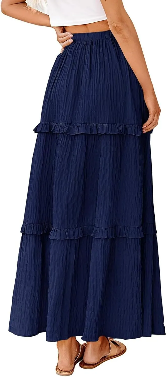Skirts for Women Casual High Waist Drawstring Elastic Trendy Pleated A-Line Flared Loose Solid Long Skirts for Vacation