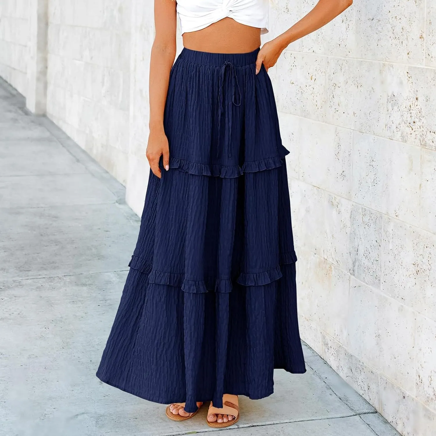 Skirts for Women Casual High Waist Drawstring Elastic Trendy Pleated A-Line Flared Loose Solid Long Skirts for Vacation