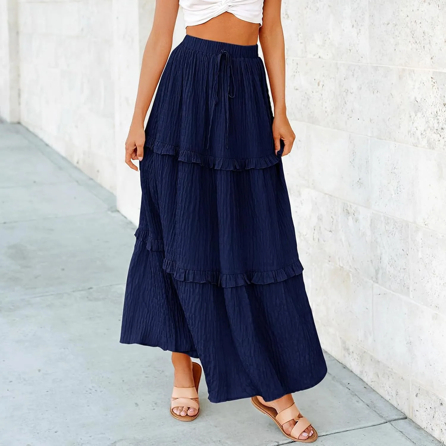 Skirts for Women Casual High Waist Drawstring Elastic Trendy Pleated A-Line Flared Loose Solid Long Skirts for Vacation