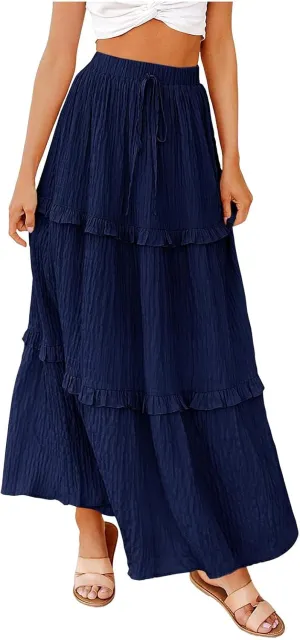 Skirts for Women Casual High Waist Drawstring Elastic Trendy Pleated A-Line Flared Loose Solid Long Skirts for Vacation